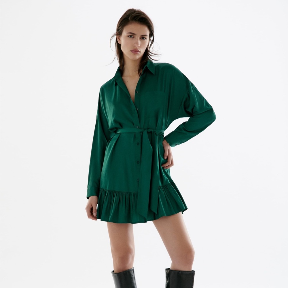 Green Long Sleeve Button Up Dress